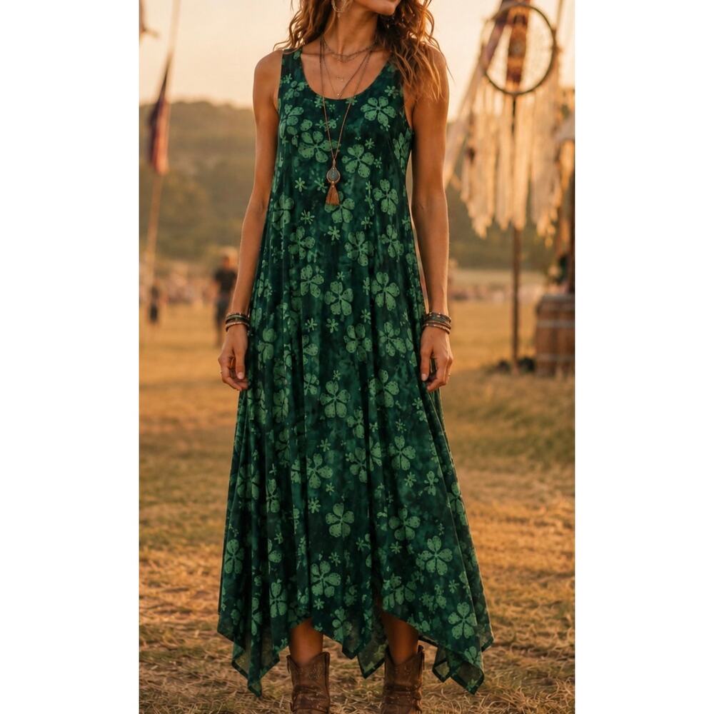 Vintage LOVE Green Floral Rayon Maxi Dress double slit Boho Festival plus XXXL